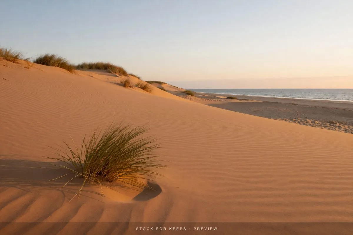 Soft evening light across sand dunes