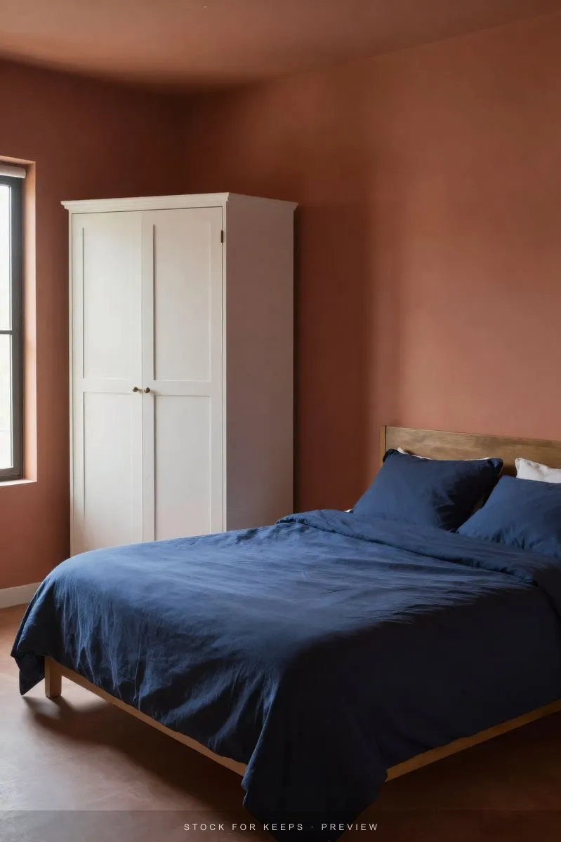 A bedroom with navy bedding and terracotta walls